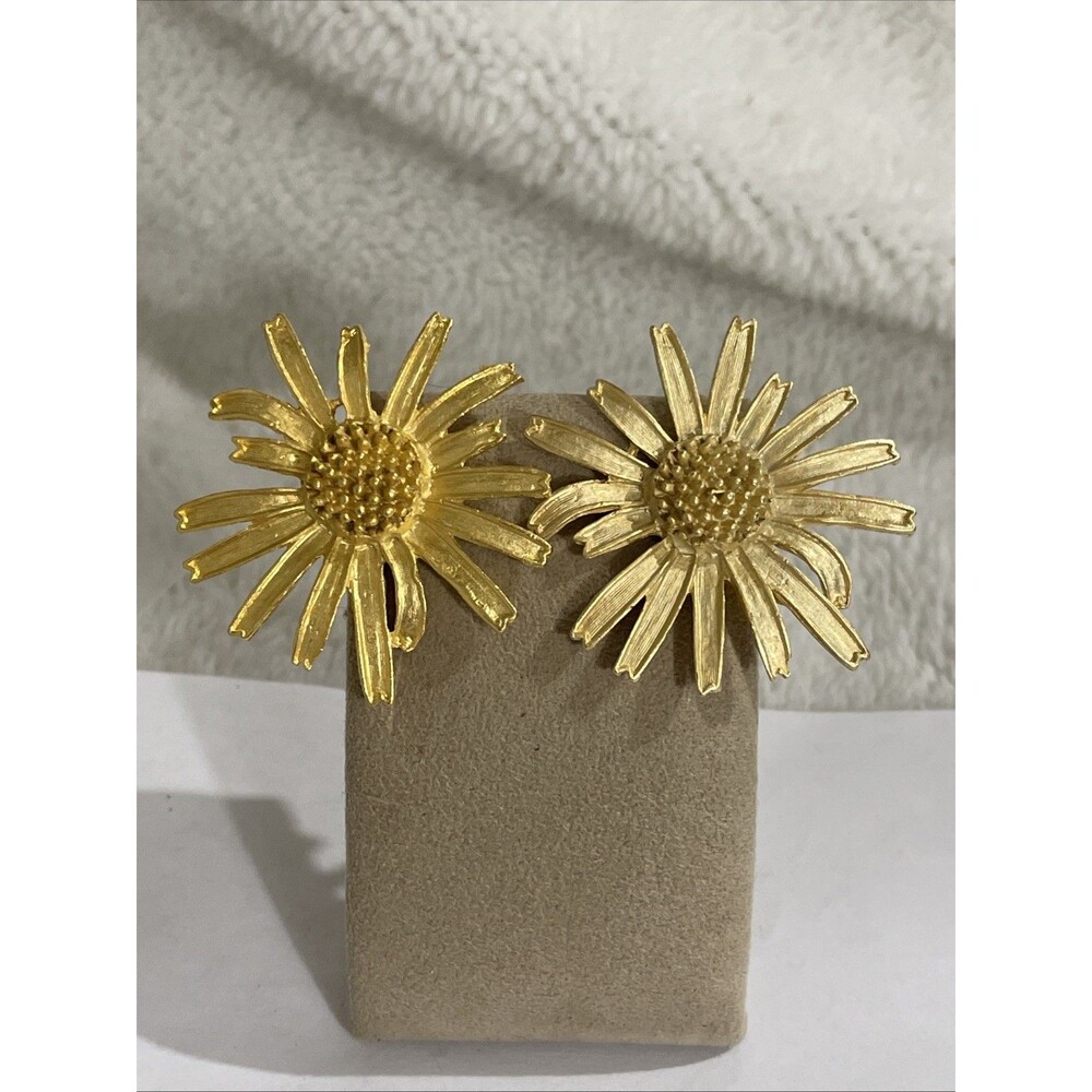 Huge Daisy Earrings - Gold Toned Vintage Runway Studs Heavy 1.75” Bold